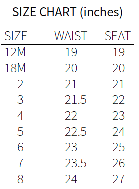 Summer Shorties Size Chart