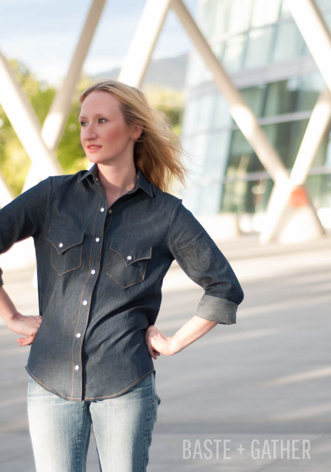 Dark Denim Grainline Archer with Western-Style Pockets