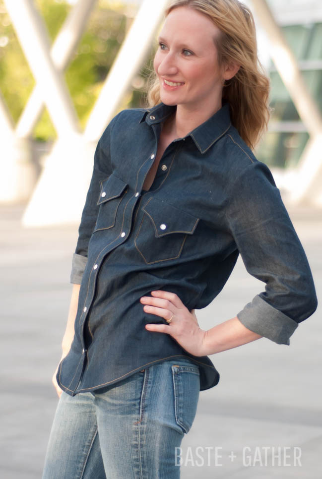 Dark Denim Grainline Archer with Western-Style Pockets